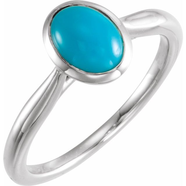 14K White 8x6 mm Natural Turquoise Cabochon Ring