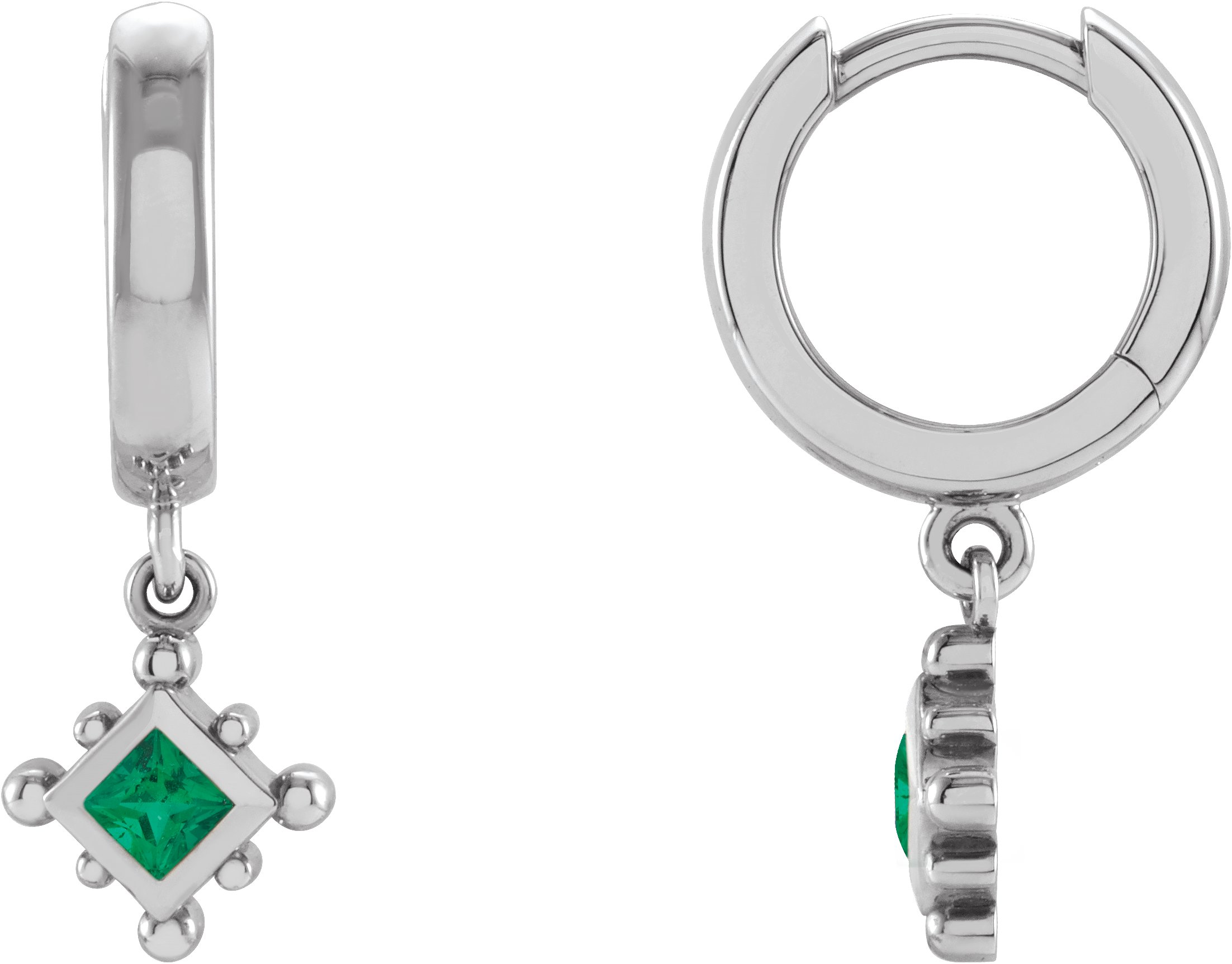 14K White Lab Grown Emerald Beaded Bezel Set Hoop Earrings Ref 18069089