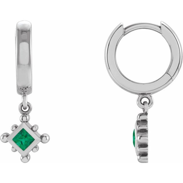 14K White Natural Emerald Beaded Bezel-Set Hoop Earrings