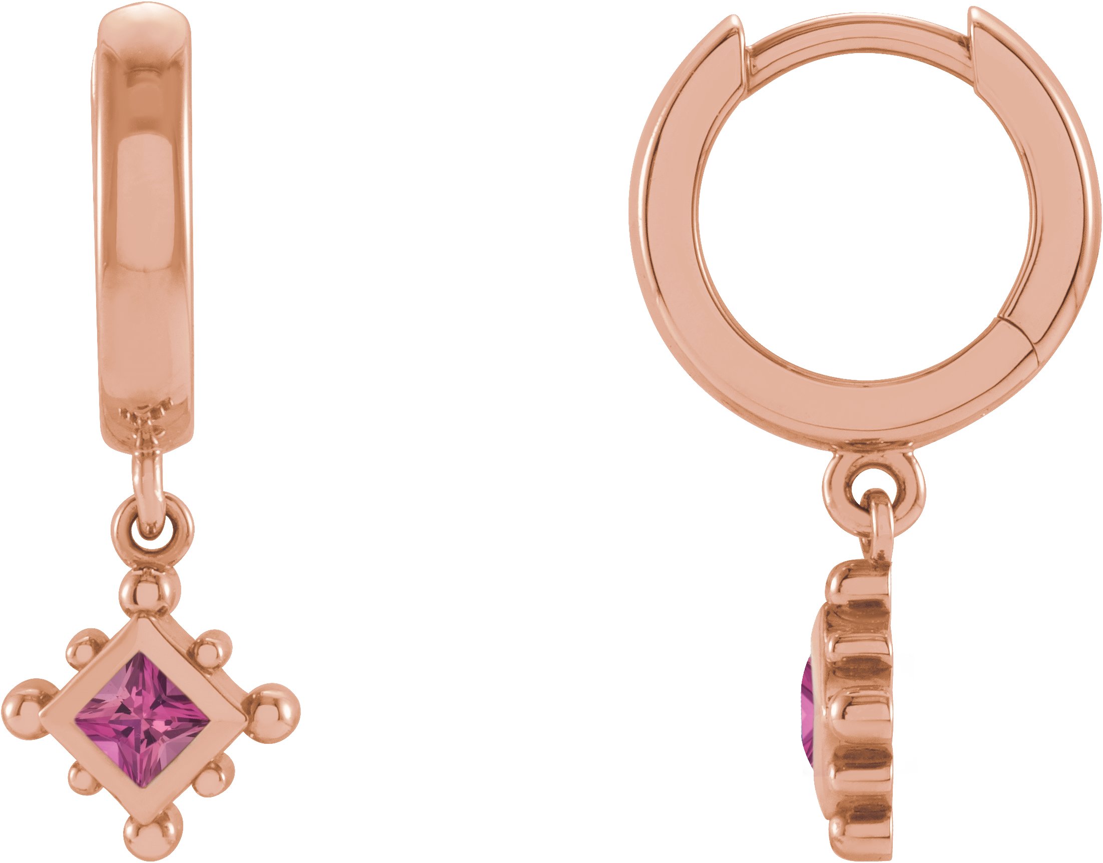 14K Rose Natural Pink Tourmaline Beaded Bezel-Set Hoop Earrings