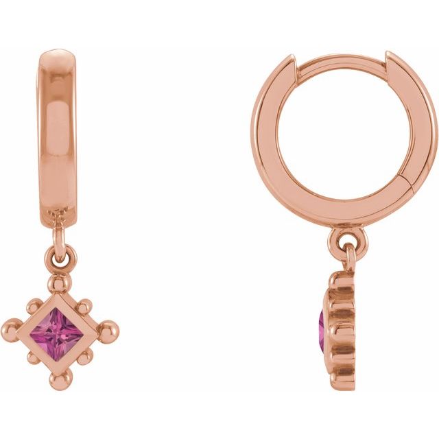 14K Rose Natural Pink Tourmaline Beaded Bezel-Set Hoop Earrings