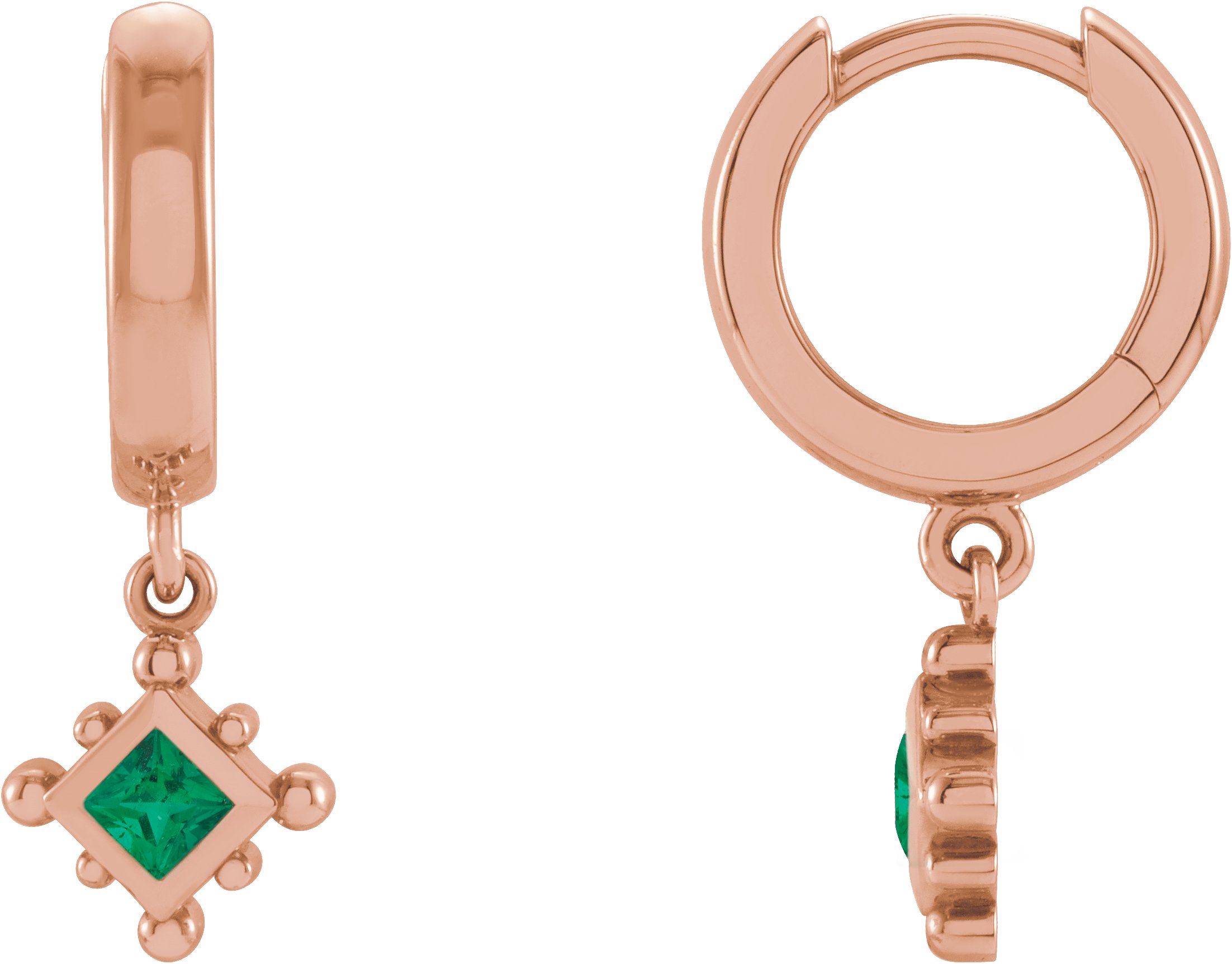 14K Rose Natural Emerald Beaded Bezel Set Hoop Earrings Ref 18069082