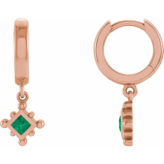 14K Rose Natural Emerald Beaded Bezel-Set Hoop Earrings
