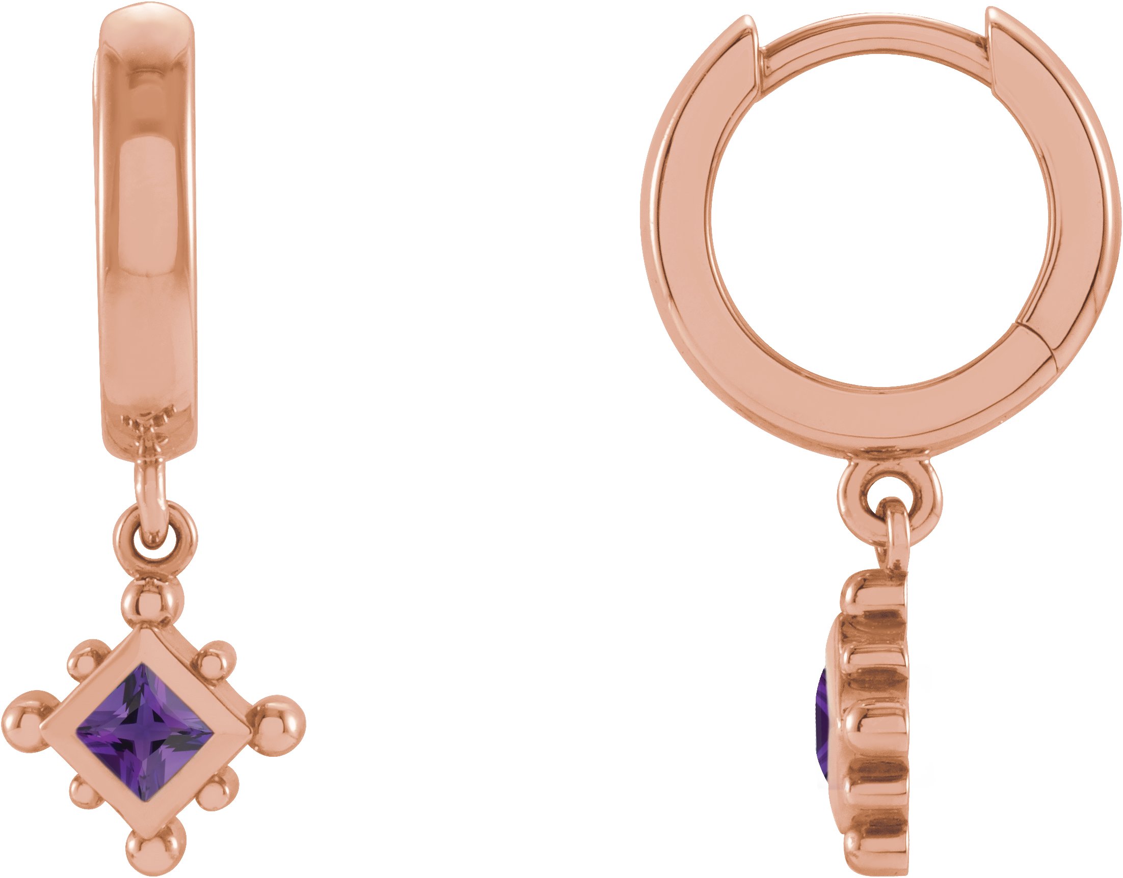 14K Rose Natural Amethyst Beaded Bezel Set Hoop Earrings Ref 18069154