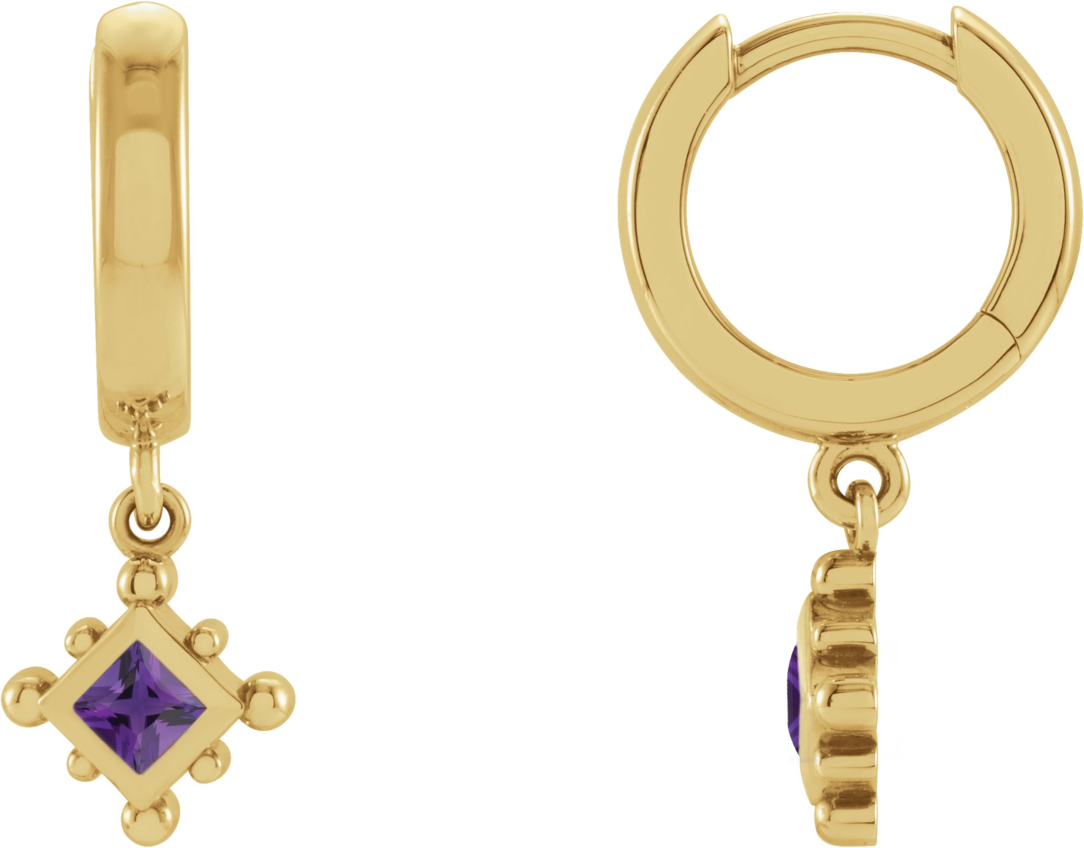 14K Yellow Natural Amethyst Beaded Bezel-Set Hoop Earrings