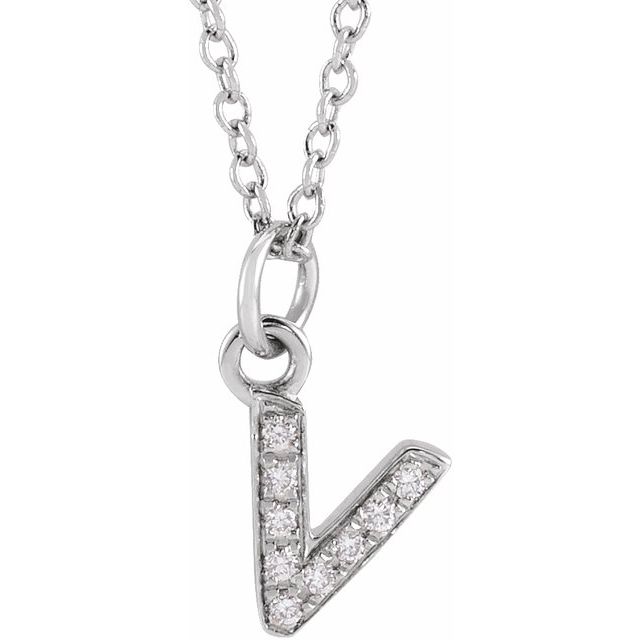 14K White .03 CTW Diamond Petite Initial V 16-18" Necklace