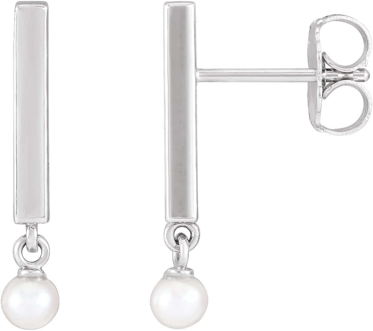 Sterling Silver Cultured White Seed Pearl Bar Earrings