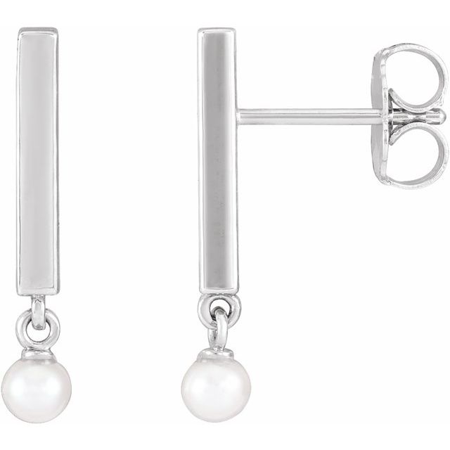 Sterling Silver Cultured White Seed Pearl Bar Earrings