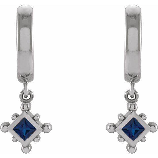 14K White Natural Blue Sapphire Beaded Bezel-Set Hoop Earrings