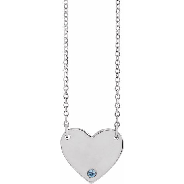 Sterling Silver Natural Aquamarine Engravable Heart 18" Necklace