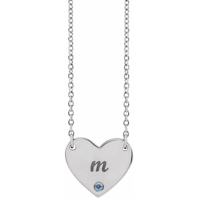Sterling Silver Natural Aquamarine Engravable Heart 18 Necklace
