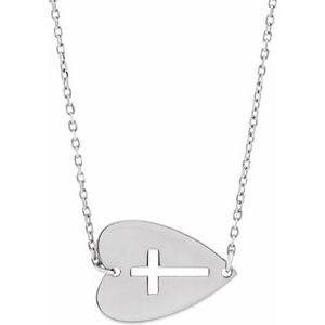 Sterling Silver Sideways Heart with Pierced Cross 18" Necklace
