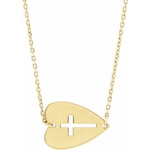 14K Yellow Sideways Heart with Pierced Cross 18" Necklace
