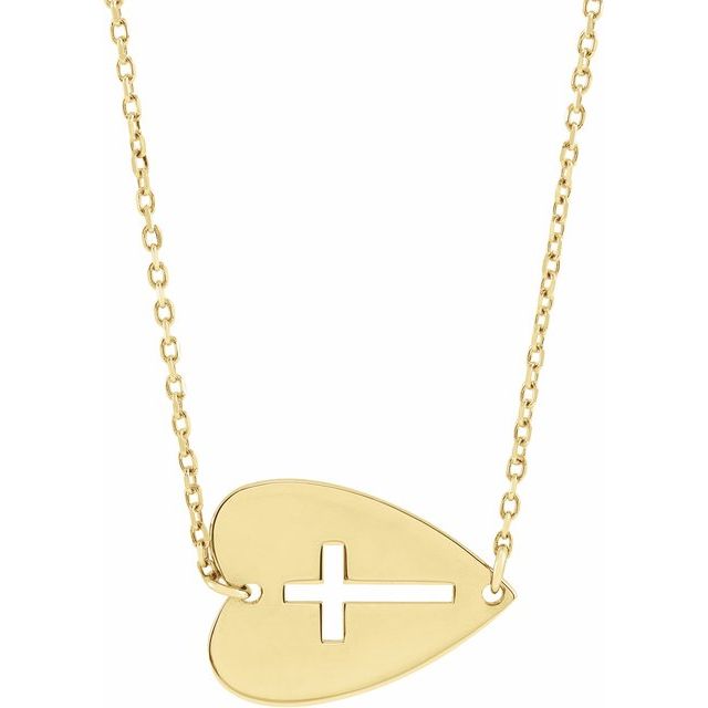14K Yellow Sideways Heart with Pierced Cross 18 Necklace