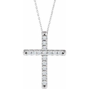 14K White 3/4 CTW Natural Diamond French-Set Cross 16-18" Necklace