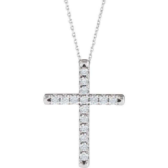 14K White 3/4 CTW Natural Diamond French-Set Cross 16-18 Necklace