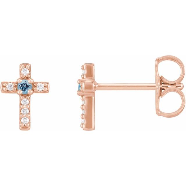 14K Rose Natural Aquamarine & .03 CTW Natural Diamond Cross Earrings