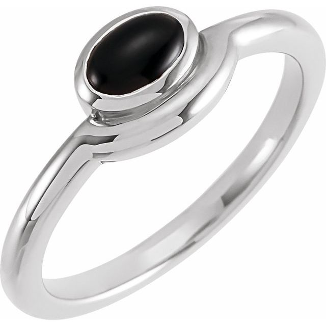 14K White Natural Black Onyx Bezel-Set Cabochon Ring