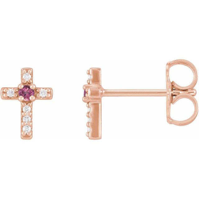 14K Rose Natural Pink Tourmaline & .03 CTW Natural Diamond Cross Earrings