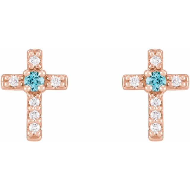 14K Rose Natural Blue Zircon & .03 CTW Natural Diamond Cross Earrings