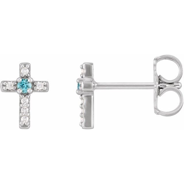 14K White Natural Blue Zircon & .03 CTW Natural Diamond Cross Earrings