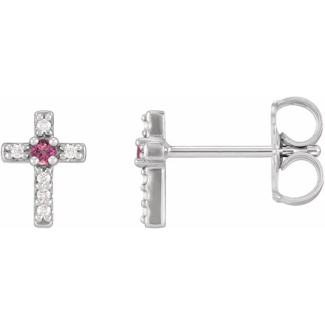 Sterling Silver Natural Pink Tourmaline & .03 CTW Natural Diamond Cross Earrings