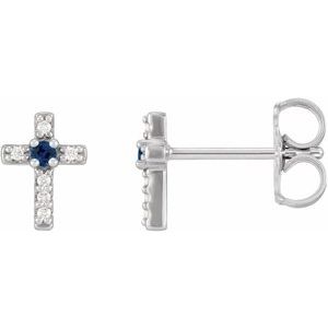 14K White Natural Blue Sapphire & .03 CTW Natural Diamond Cross Earrings