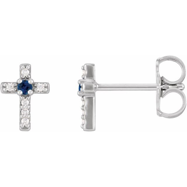 14K White 1.5 mm Natural Blue Sapphire & .03 CTW Natural Diamond Cross Earrings