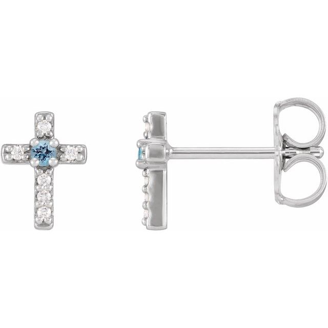 14K White Natural Aquamarine & .03 CTW Natural Diamond Cross Earrings