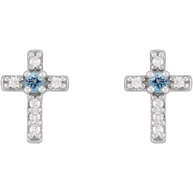14K White 1.5 mm Natural Aquamarine & .03 CTW Natural Diamond Cross Earrings