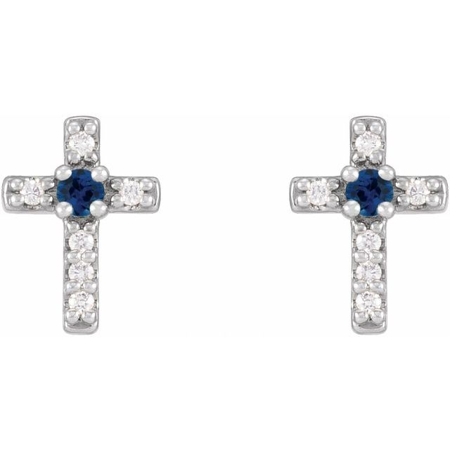 14K White 1.5 mm Natural Blue Sapphire & .03 CTW Natural Diamond Cross Earrings