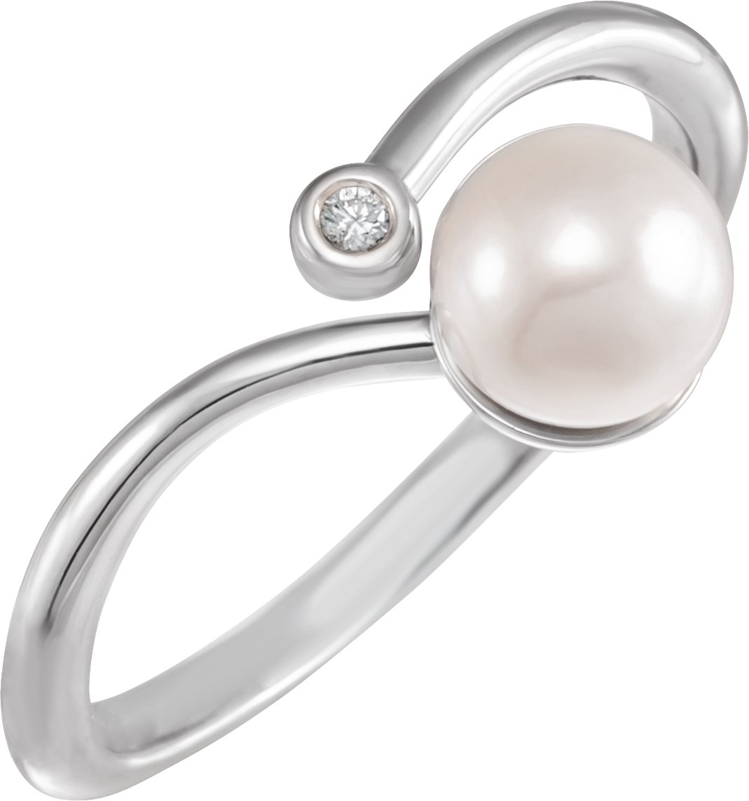 14K White Cultured Akoya Pearl & .015 CT Natural Diamond Freeform Ring