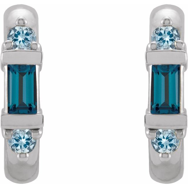 14K White Natural London Blue Topaz Hoop Earrings