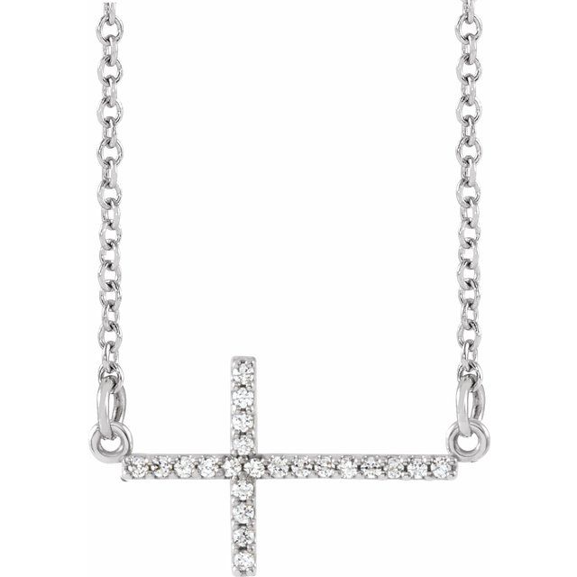 14K White 1/10 CTW Natural Diamond Sideways Cross 16-18" Necklace