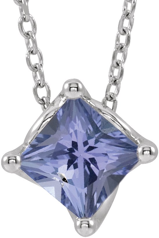 14K White 4.5x4.5 mm Square Natural Tanzanite Solitaire 16-18" Necklace