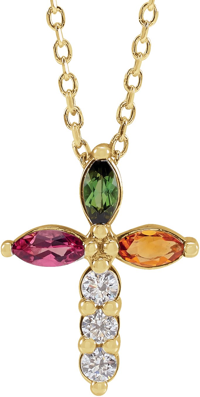 14K Yellow Natural Multi-Gemstone & 1/10 CTW Natural Diamond Cross 16-18" Necklace