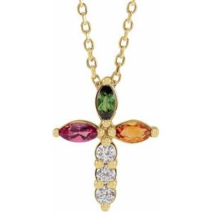 14K Yellow Natural Multi-Gemstone & 1/10 CTW Natural Diamond Cross 16-18" Necklace