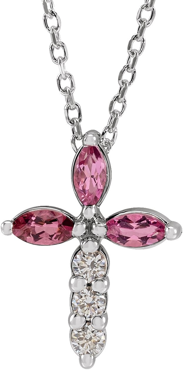 Sterling Silver Natural Pink Tourmaline & 1/10 CTW Natural Diamond Cross 16-18" Necklace