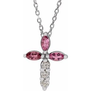 Sterling Silver Natural Pink Tourmaline & 1/10 CTW Natural Diamond Cross 16-18" Necklace