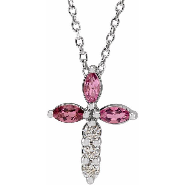 Sterling Silver Natural Pink Tourmaline & 1/10 CTW Natural Diamond Cross 16-18 Necklace