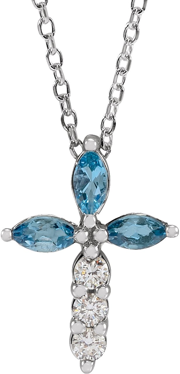 Sterling Silver Natural Aquamarine & 1/10 CTW Natural Diamond Cross 16-18" Necklace
