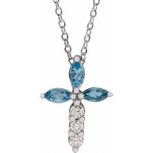 Sterling Silver Natural Aquamarine & 1/10 CTW Natural Diamond Cross 16-18" Necklace