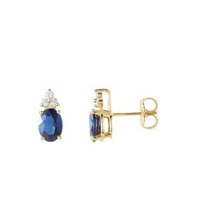 14K Yellow Blue Sapphire & 1/8 CTW Diamond Earrings