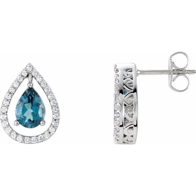 14K White Natural London Blue Topaz & 1/3 CTW Natural Diamond Halo-Style Earrings