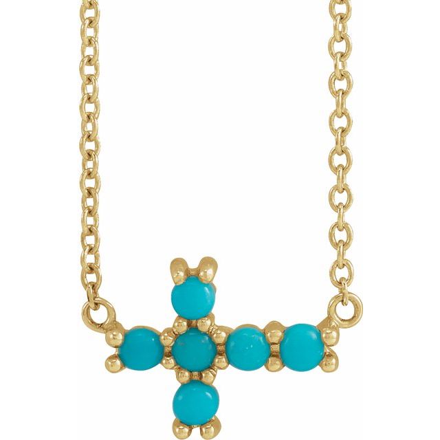 14K Yellow Natural Turquoise Sideways Cross 18" Necklace