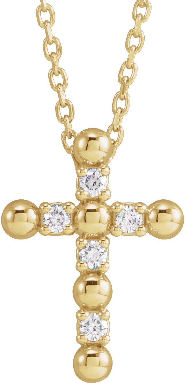 14K Yellow .07 CTW Natural Diamond Beaded Cross 16-18" Necklace