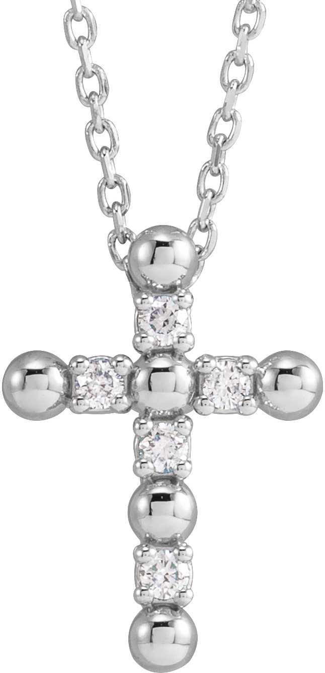 14K White .07 CTW Natural Diamond Beaded Cross 16-18 Necklace