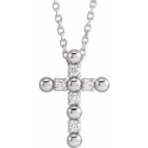 14K White .07 CTW Natural Diamond Beaded Cross 16-18" Necklace