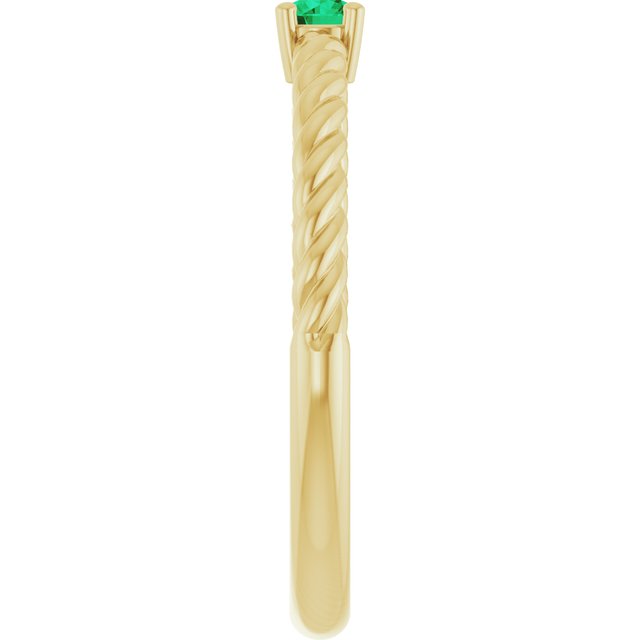 14K Yellow 3 mm Lab-Grown Emerald Solitaire Rope Ring