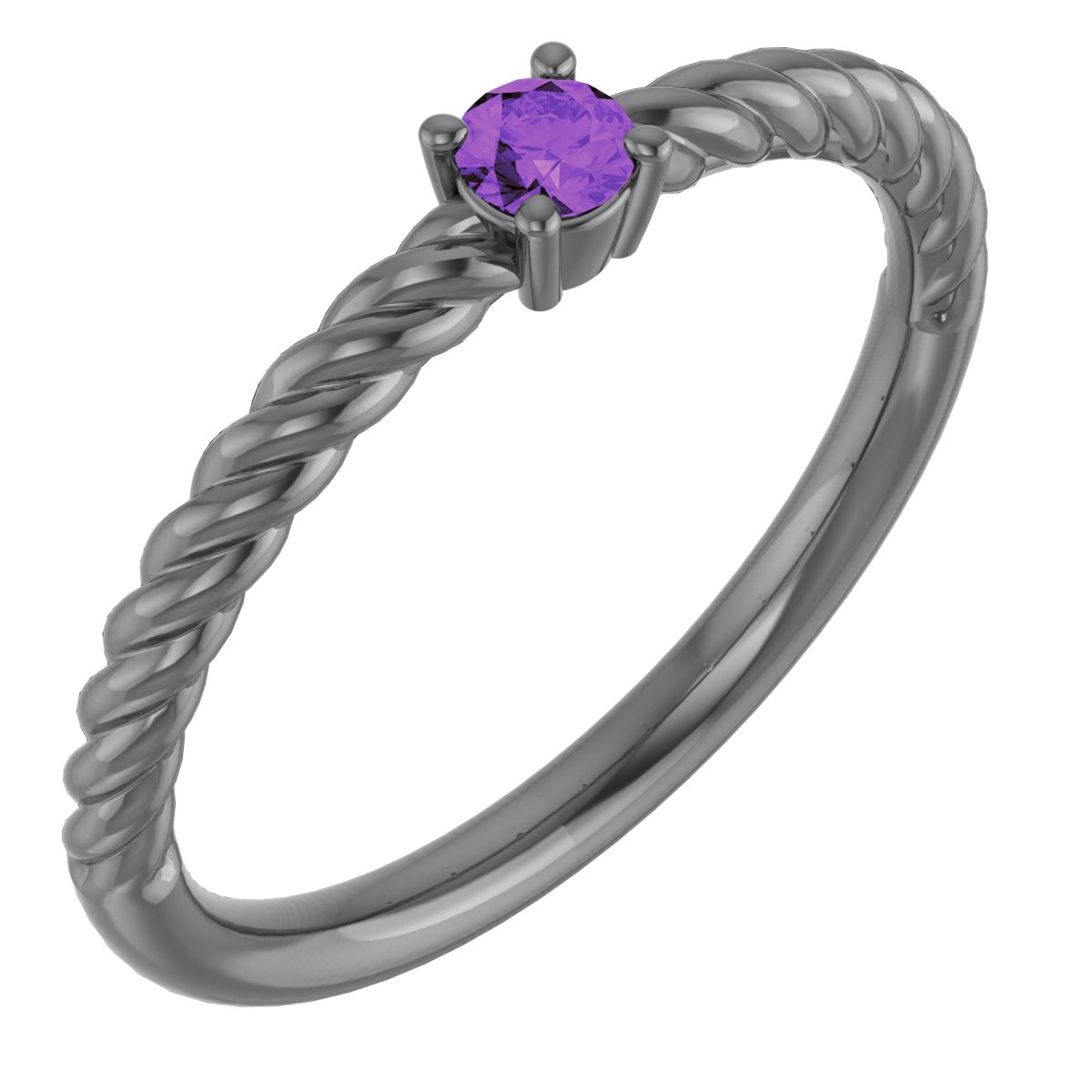 14K White 3 mm Natural Amethyst Solitaire Rope Ring